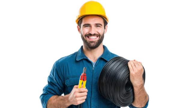 Smiling worker holding cable and tool, dressed in blue uniform with yellow hard hat, white isolated background. - Powered by Adobe