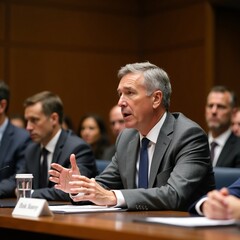 A middle-aged Caucasian male politician is seated at a large wooden conference table during a heated debate in a city hall meeting room. He is dressed in a classic gray suit and tie, gesturing emphat