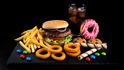 Indulgent fast food feast featuring a burger, fries, onion rings, soda, and a variety of sweet treats on a dark surface