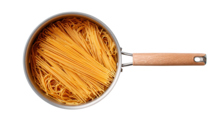 Uncooked spaghetti pasta in a stainless steel pot, isolated on a white background.