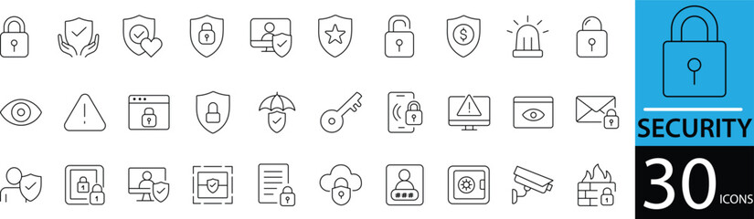 Minimal Security Line Icon Set 30 Clean Outline Designs for Cyber Safety, Privacy, and Protection Use