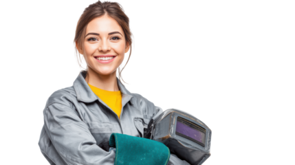 Welder smiling confidently, holding protective gear, white isolate background.