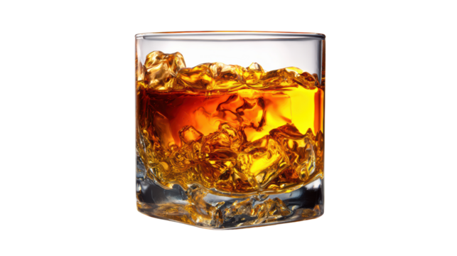 Whiskey glass filled with amber liquid and ice cubes against a white background.