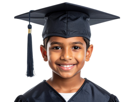 A smiling young boy wearing a black graduation cap and gown, symbolizing academic achievement and celebration.