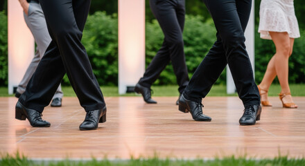 Group of diverse adults performing synchronized ballroom dance routine outdoors on wooden floor in summer evening, close up on stylish footwear and elegant leg movements