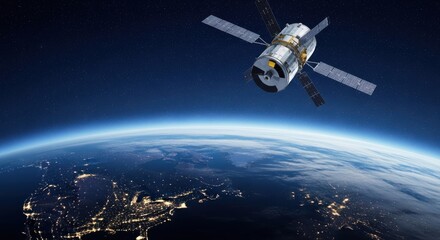 Obraz premium A satellite surveys the earth from space capturing the glow of city lights at night