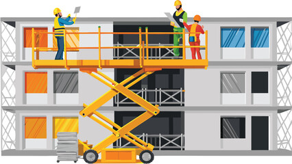 Construction workers on a scissor lift working on a building with multiple windows and scaffolding around it