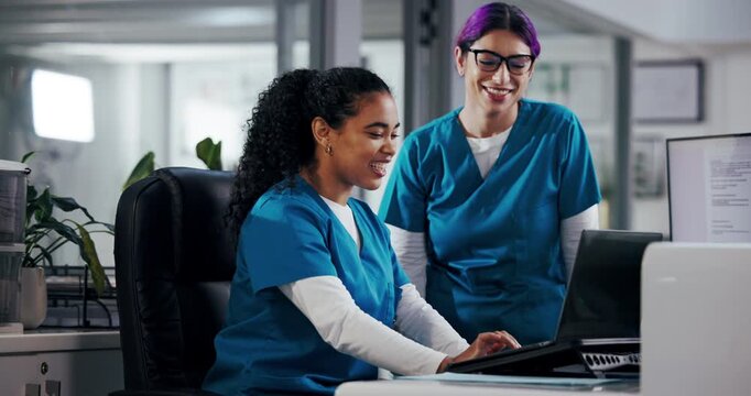 Women, nurses and high five with laptop at hospital with collaboration, goals and achievement. People, medical professional and team with motivation, cheers or celebration with computer at clinic