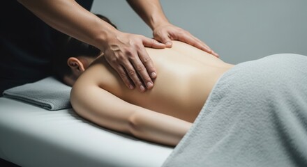 Obraz premium Relaxing Back Massage: Therapeutic Hands Relieving Tension on Woman's Back in Spa Setting