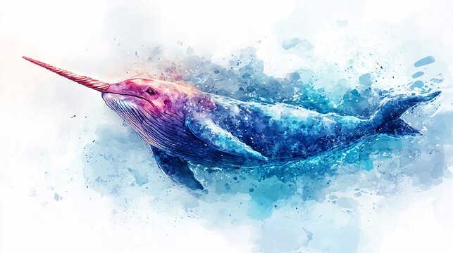 Vibrant narwhal illustration with watercolor effect.