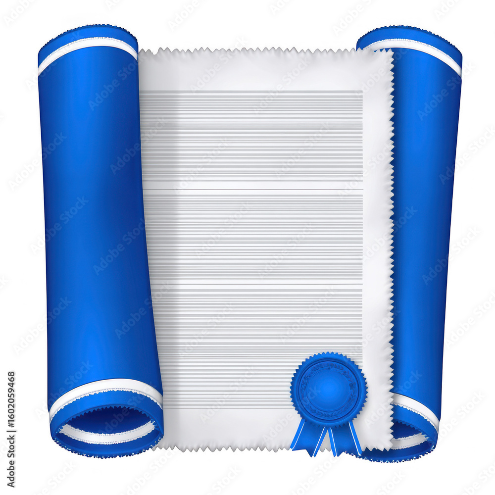 Fototapete Blue rolled scroll document with wax seal isolated on transparent background