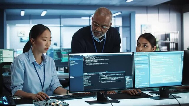 Coding Team Reviewing Code in a Tech Office