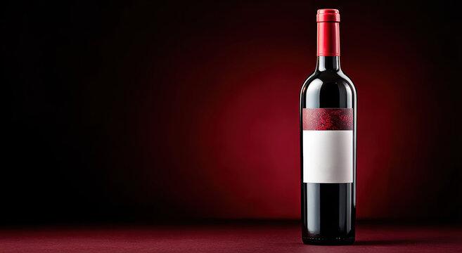 Bottle of red wine stands elegantly against rich red background, creating luxurious and inviting atmosphere