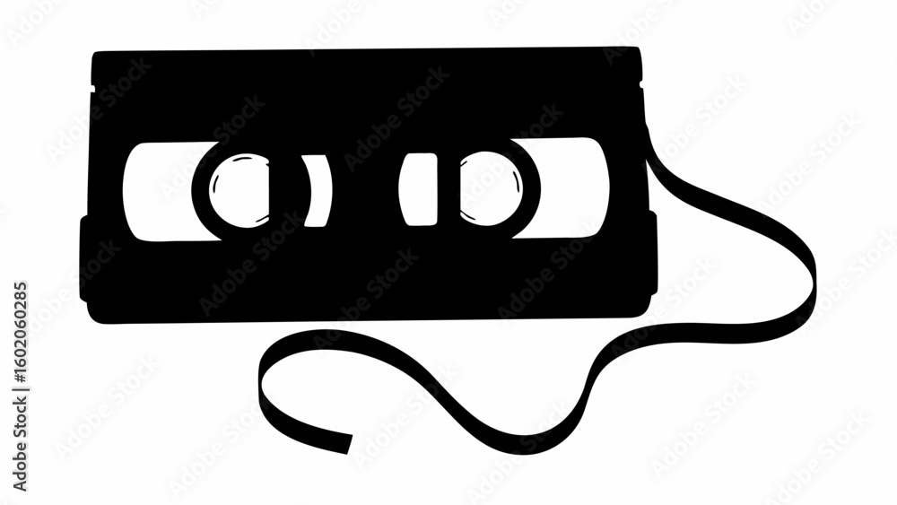 Poster silhouette of a vhs tape with visible reels and loose tape extending from the side in black and whit