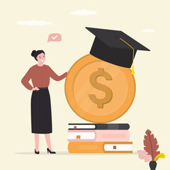 Financial literacy, education. Successful woman trader or investor standing near giant dollar coin. Textbooks, currency with graduation hat. Economic learning, course.