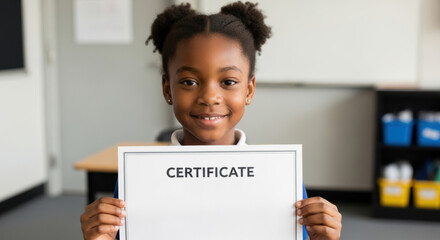 Proud smiling young girl holding certificate in classroom, celebrating academic achievement success during award ceremony or recognition event at school