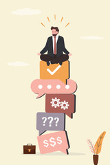 Confident negotiator sitting on pile of speech bubbles. Responsibility, business communication, male speaker relaxing after difficult negotiations.