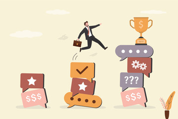 Businessman jumping from small stack to the big pile of speech bubbles. Discussion, conversation, meeting, team communication, colleague chatting. Successful negotiations.