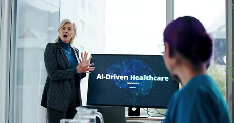 Hospital, presentation and woman with monitor, meeting or explaining ai driven healthcare or screen. Clinic, people and administrator with info for new tech, discussion and plan for automated systems