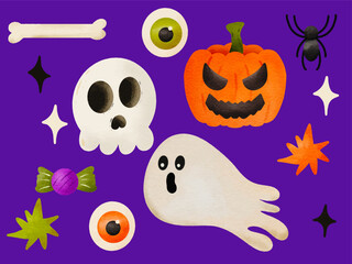 Watercolor Halloween Clipart Set – Ghost, Skull, Pumpkin, Eyeballs, Bones & Candy