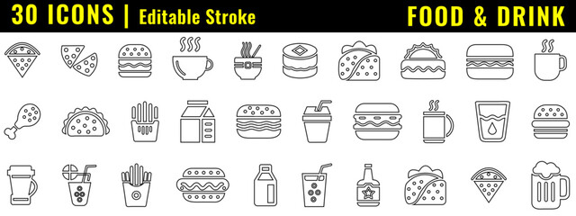 food and drink outline icon, editable stroke 30 icon set related to food and drink of restaurant for web and application
