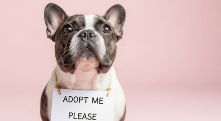Adorable french bulldog sitting with hopeful eyes wearing sign asking for adoption against pastel pink background cute dog waiting for new home and loving family