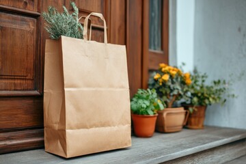 Brown Paper Bag with Fresh Herbs on a Wooden Step by a Door