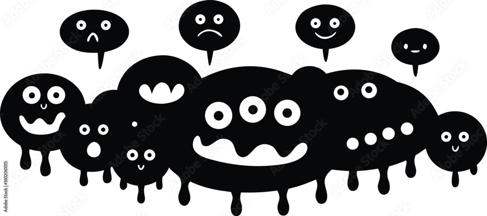 Poster vector art of a collection of cute black monster characters with various emotions isolated on transp