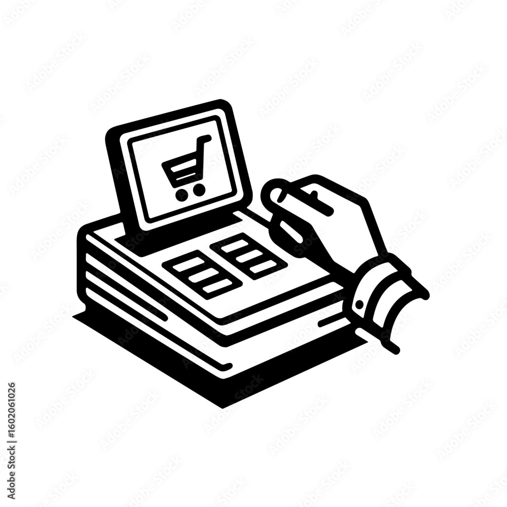 Poster hand selecting items on digital shopping cart interface