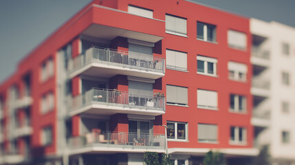 Obraz premium A contemporary residential building showcasing architectural details under soft daylight, surroundings gently blurred.