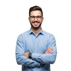 Smiling businessman with folded arms wearing blue collared shirt and glasses isolated on transparent background