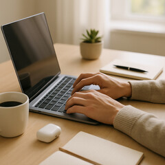 A person's hands diligently typing on a modern laptop computer at a cozy wooden desk with coffee, perfect for remote work or study.