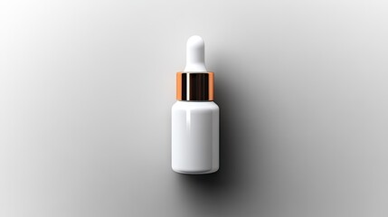 A white, cylindrical glass bottle with a rose gold dropper top sits on a stark white background, subtly shadowed.  Minimalist product shot