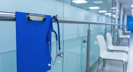 Empty modern hospital corridor with blue clipboard and stethoscope hanging on handrail near waiting area, clean chairs, glass walls, bright lighting, healthcare environment