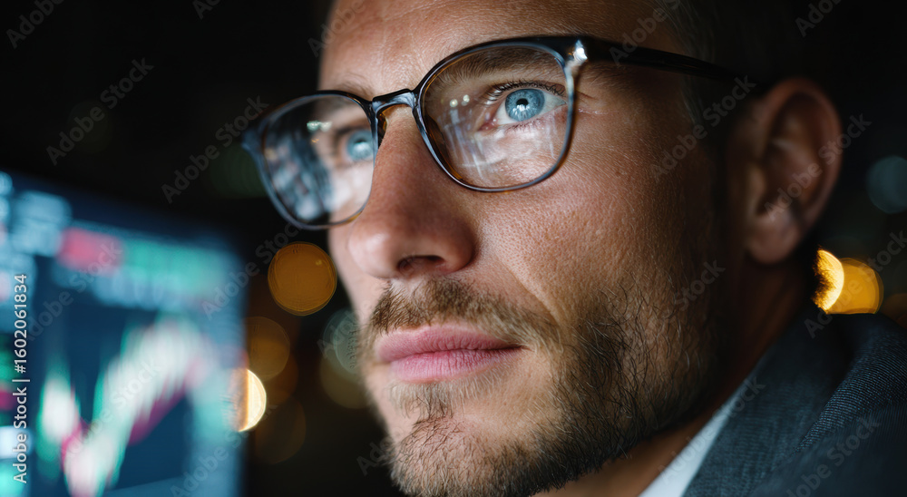 Poster focused man with glasses analyzing data on computer screen at night, reflecting determination and co