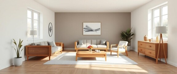 Modern living room with natural wood furniture and bright natural light