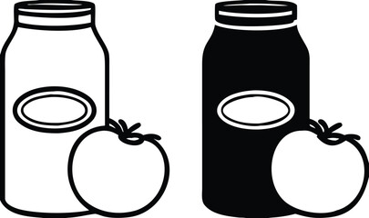 Tomato Sauce Icons. Black and White Vector Illustrations. Tomato Sauce in a Jar and Tomato. Food. Grocery Concept
