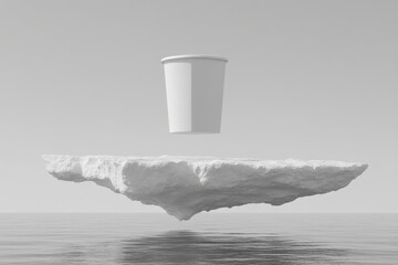 Floating rock platform with a blank paper cup.