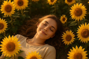 Blissful young woman resting in sunflower field on golden hour of national sunflower day celebration and peace