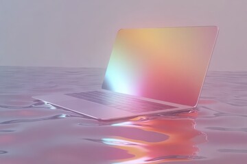 Pastel-hued laptop afloat on a surface of rippling water.
