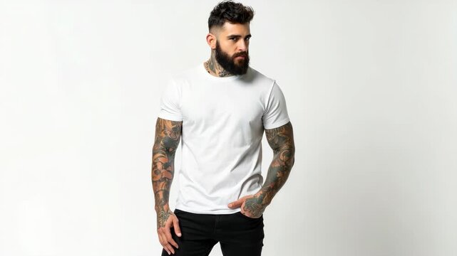 Attractive brutal tattooed bearded guy poses in black jeans and blank white t-shirt from premium thin summer cotton, isolated on white mockup.