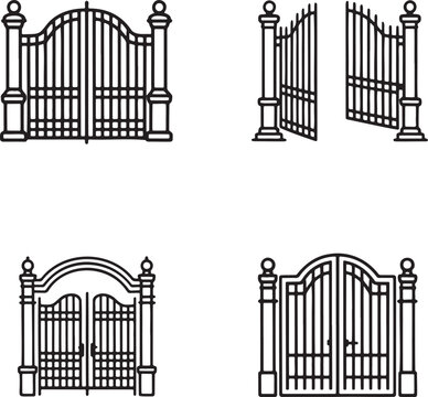 Set of Vintage gate Outline vector illustration isolated On Transparent Background