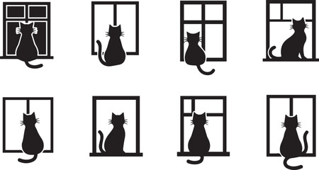 Cat on Window Silhouette Icon Vector Set – Peaceful Indoor Pet Scene