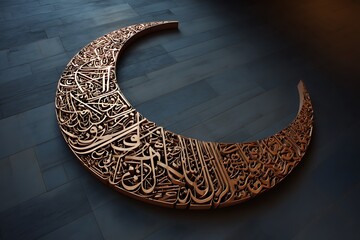 Stunning golden crescent moon with intricate calligraphy, perfect for Ramadan designs and celebrations