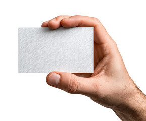 Hand holding a blank white business card for presentation isolated on transparent background