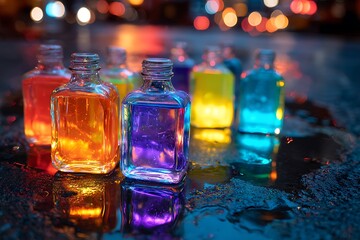 Vibrant colorful liquid potions in glass bottles creating a magical and stunning neon effect on reflective surface for creative projects