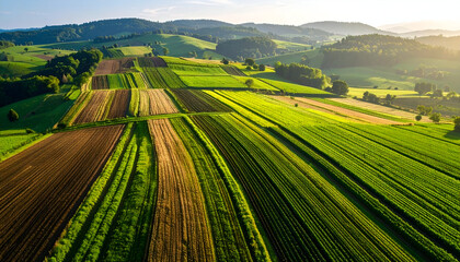 Fototapeta premium Aerial view farmland sunrise hills.