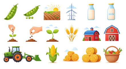 Cartoon farm and agriculture icon set for eco-friendly food production concepts