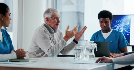 Meeting, doctors and planning with people in office for team, dna editing or genetic disease cure. Healthcare innovation, collaboration and gene splice technology with nurses in hospital for report - Powered by Adobe