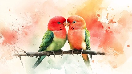 Two parrots on a branch in a watercolor style.